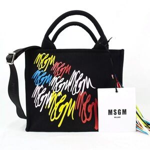 MSGM Mini Cotton Tote Bag With Shoulder Strap In Black And‎ Multicolor Logo